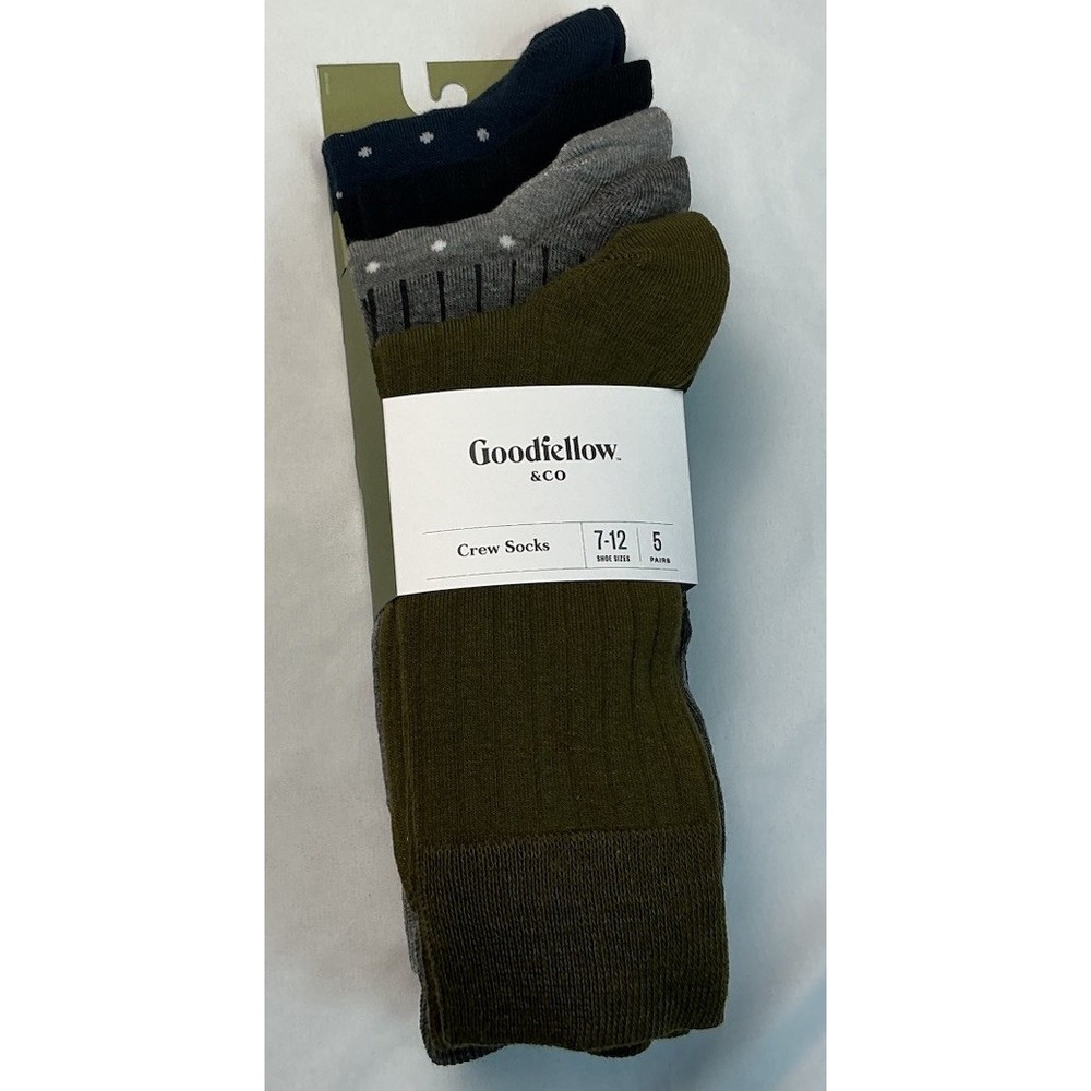 Goodfellow Crew Socks 5 PAIRS 7-12 Men's Olive Black Gray Navy Polka Dot Stripe
